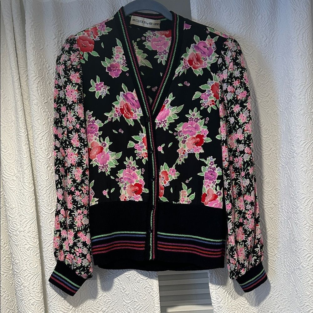 Vintage Silk Rose Applique Knitted Cardigan Umi Collections by Anne Crimmins